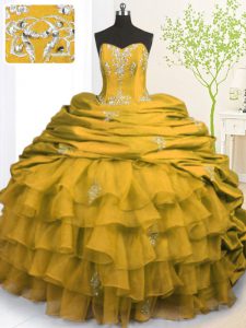 Discount Gold Ball Gowns Beading and Appliques and Ruffled Layers and Pick Ups Sweet 16 Dress Lace Up Organza and Taffeta Sleeveless With Train