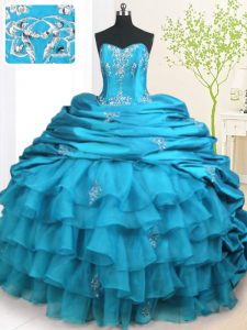 Organza and Taffeta Strapless Sleeveless Brush Train Lace Up Beading and Appliques and Ruffled Layers and Pick Ups Quinceanera Gown in Teal