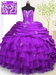 Pretty Purple Organza and Taffeta Lace Up Quinceanera Dress Sleeveless With Brush Train Beading and Appliques and Ruffled Layers and Pick Ups