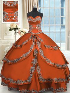 Floor Length Rust Red Quinceanera Gowns Taffeta Sleeveless Beading and Embroidery and Ruffled Layers
