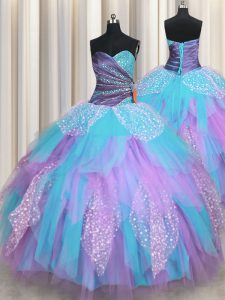 Glamorous Multi-color Tulle Lace Up Vestidos de Quinceanera Sleeveless Floor Length Beading and Ruching