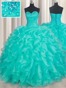 Vintage Turquoise Organza Lace Up Sweetheart Sleeveless Floor Length Quinceanera Dresses Beading and Ruffles
