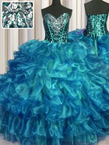 Fashion Teal Sweetheart Neckline Beading and Ruffles Quinceanera Dresses Sleeveless Lace Up