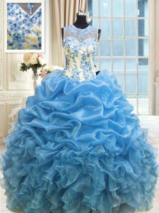 Scoop Sleeveless Organza Floor Length Zipper 15th Birthday Dress in Baby Blue with Beading and Ruffles