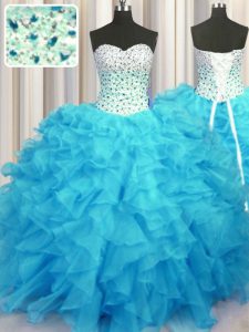 Delicate Ball Gowns Quinceanera Gown Baby Blue Sweetheart Organza Sleeveless Floor Length Lace Up