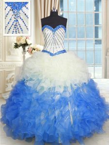 Sumptuous Blue And White Ball Gowns Beading and Ruffles Sweet 16 Dress Lace Up Organza Sleeveless Floor Length