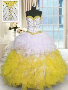 Yellow And White Sleeveless Organza Lace Up Ball Gown Prom Dress for Military Ball and Sweet 16 and Quinceanera