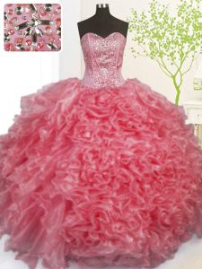 Rose Pink Sleeveless Beading and Ruffles and Pick Ups Floor Length Quinceanera Dress
