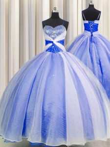 Sequins Ball Gowns 15 Quinceanera Dress Blue And White Spaghetti Straps Organza Sleeveless Floor Length Lace Up