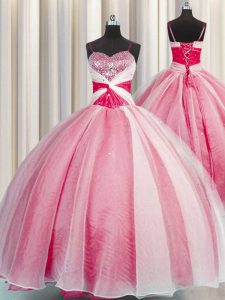 Spaghetti Straps Sleeveless Organza Sweet 16 Dress Beading and Sequins and Ruching Lace Up