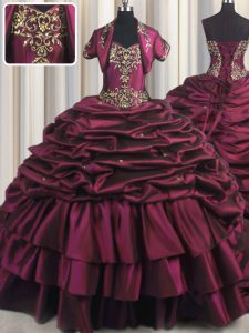 Dramatic Burgundy Lace Up Sweet 16 Quinceanera Dress Beading and Appliques and Pick Ups Sleeveless With Brush Train