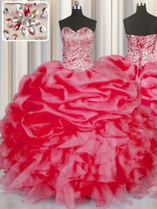 Dynamic Beading and Ruffles and Pick Ups Quinceanera Dresses Coral Red Lace Up Sleeveless Floor Length