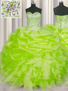 Captivating Pick Ups Yellow Green Sleeveless Organza Lace Up 15th Birthday Dress for Military Ball and Sweet 16 and Quinceanera