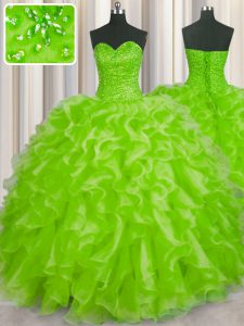 Sweet Yellow Green Ball Gowns Beading and Ruffles 15th Birthday Dress Lace Up Organza Sleeveless Floor Length