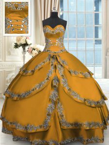 Exquisite Gold Taffeta Lace Up Sweetheart Sleeveless Floor Length Quinceanera Dresses Beading and Embroidery and Ruffled Layers