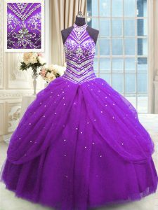 Sophisticated Purple Sleeveless Floor Length Beading Lace Up Ball Gown Prom Dress