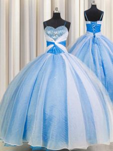 Spaghetti Straps Floor Length Baby Blue Quinceanera Gowns Chiffon Sleeveless Beading and Sequins and Ruching