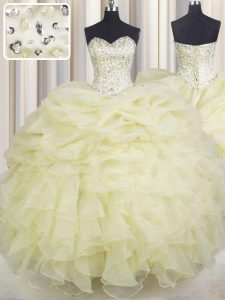 Light Yellow Organza Lace Up Sweetheart Sleeveless Floor Length Quinceanera Dress Beading and Ruffles
