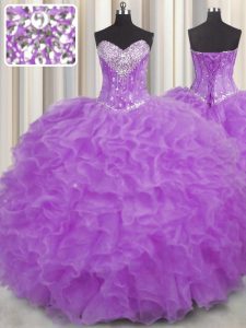 Unique Purple Lace Up Halter Top Beading and Ruffles Sweet 16 Dresses Organza Sleeveless