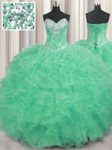 Custom Design Apple Green Sweet 16 Dresses Military Ball and Sweet 16 and Quinceanera with Beading and Ruffles Sweetheart Sleeveless Lace Up