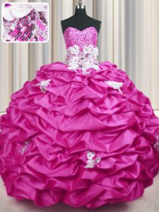 Exquisite Sweetheart Sleeveless Sweet 16 Dresses With Train Sweep Train Appliques and Sequins and Pick Ups Fuchsia Taffeta