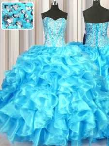 Sleeveless Organza Floor Length Lace Up Quinceanera Dress in Aqua Blue with Beading and Ruffles