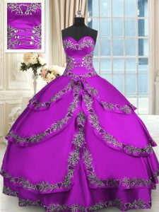 Floor Length Purple Ball Gown Prom Dress Taffeta Sleeveless Beading and Embroidery and Ruffled Layers