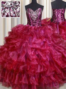 Sleeveless Floor Length Beading and Ruffles Lace Up Quinceanera Dresses with Hot Pink