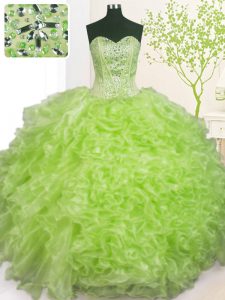 Custom Made Organza Sweetheart Sleeveless Lace Up Beading and Ruffles and Pick Ups Quinceanera Gowns in Yellow Green
