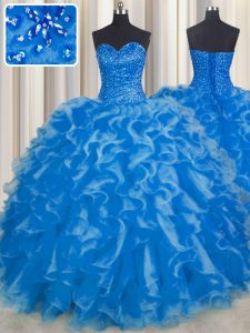 Sleeveless Organza Floor Length Lace Up 15th Birthday Dress in Blue with Beading and Ruffles