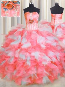 Strapless Sleeveless Organza Quinceanera Gowns Beading and Ruffles and Hand Made Flower Lace Up