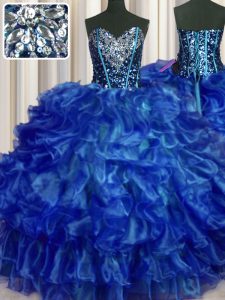 Stylish Royal Blue Ball Gowns Sweetheart Sleeveless Organza Floor Length Lace Up Beading and Ruffles 15 Quinceanera Dress