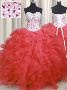 Watermelon Red Sweetheart Neckline Beading and Ruffles Quinceanera Gowns Sleeveless Lace Up