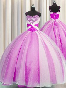 Best Selling Sequins Spaghetti Straps Fuchsia Sleeveless Organza Lace Up Ball Gown Prom Dress for Military Ball and Sweet 16 and Quinceanera