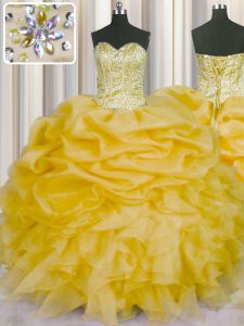 Gold Organza Lace Up Sweetheart Sleeveless Floor Length Quinceanera Gowns Beading and Ruffles and Pick Ups