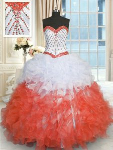 New Arrival White And Red Ball Gowns Beading and Ruffles Vestidos de Quinceanera Lace Up Organza Sleeveless Floor Length