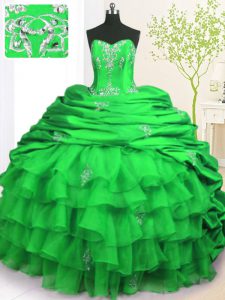 With Train Green Ball Gown Prom Dress Organza and Taffeta Brush Train Sleeveless Beading and Appliques and Ruffled Layers and Pick Ups