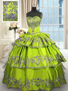 Nice Yellow Green Ball Gowns Taffeta Sweetheart Sleeveless Embroidery and Ruffled Layers Floor Length Lace Up 15th Birthday Dress