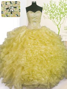 Glittering Light Yellow Sweetheart Neckline Beading and Ruffles and Pick Ups Quinceanera Gown Sleeveless Lace Up