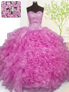 Vintage Sweetheart Sleeveless Quinceanera Gown Floor Length Beading and Ruffles and Pick Ups Lilac Organza