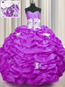 Fantastic Lilac Quinceanera Gown Military Ball and Sweet 16 and Quinceanera with Appliques and Sequins and Pick Ups Sweetheart Sleeveless Brush Train Lace Up