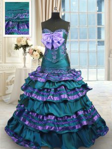 Peacock Green Sweetheart Neckline Appliques and Ruffled Layers and Bowknot Sweet 16 Dress Sleeveless Lace Up