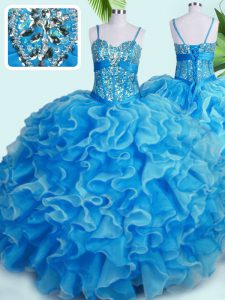 Eye-catching Baby Blue Ball Gowns Spaghetti Straps Sleeveless Organza Floor Length Lace Up Beading and Ruffles Quinceanera Dresses