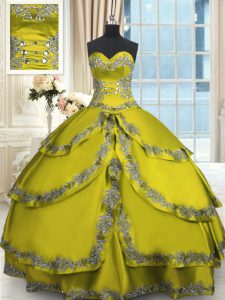 Floor Length Olive Green Quinceanera Dresses Taffeta Sleeveless Beading and Appliques and Ruffled Layers