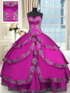 Sweet Fuchsia Sleeveless Taffeta Lace Up Sweet 16 Quinceanera Dress for Military Ball and Sweet 16 and Quinceanera