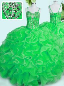 Fashionable Green Ball Gowns Spaghetti Straps Sleeveless Organza Floor Length Lace Up Beading and Ruffles Quinceanera Dress