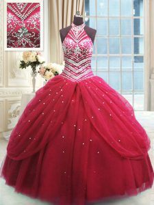 Red Lace Up High-neck Beading Quinceanera Gowns Tulle Sleeveless