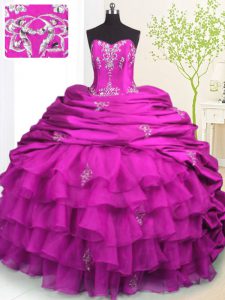 Fuchsia Quinceanera Gown Military Ball and Sweet 16 and Quinceanera with Beading and Appliques and Ruffled Layers and Pick Ups Strapless Sleeveless Brush Train Lace Up
