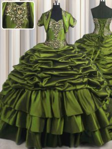 Fashionable Ruffled Layers Quinceanera Gowns Olive Green Lace Up Short Sleeves With Brush Train