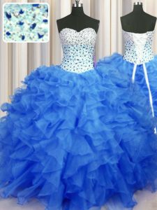 Blue Ball Gowns Beading and Ruffles 15th Birthday Dress Lace Up Organza Sleeveless Floor Length